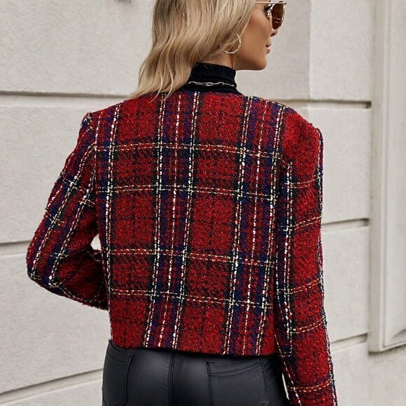 Red Preppy Womens Plaid Pattern Open Front Tweed Overcoat - Picture 3 of 5